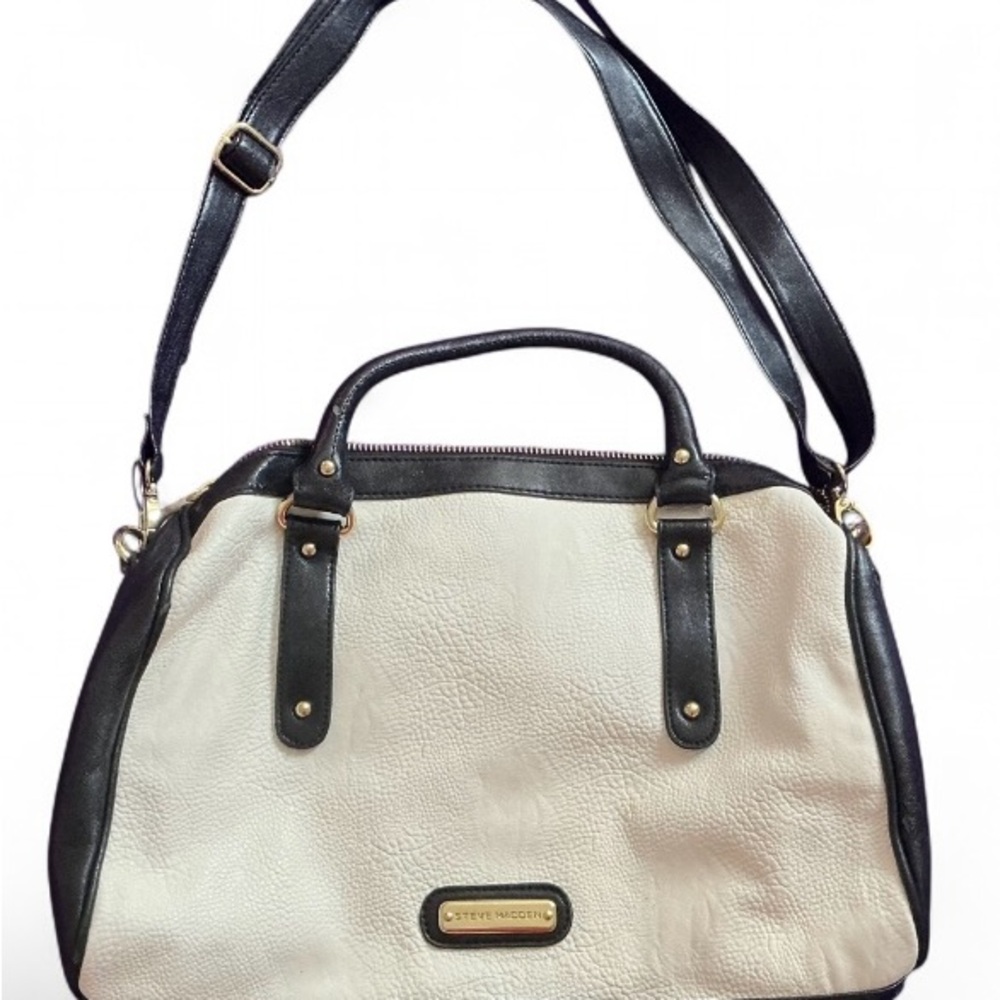 Steve Madden Tote Satchel Crossbody Bag Black White Two Tone Vegan Leather